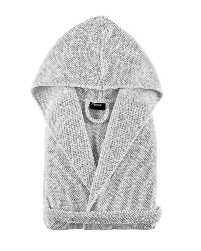Folded light grey cotton waffle Kids Bath Robe with hood, belt and hanging loop - ANNIE.G