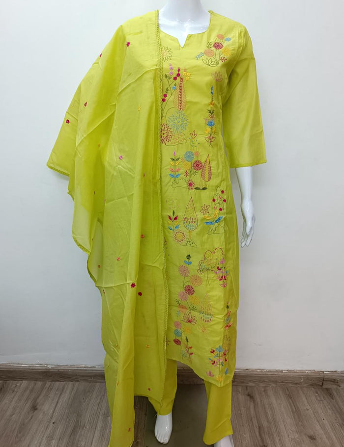 Green emb mul cotton Ready suit set