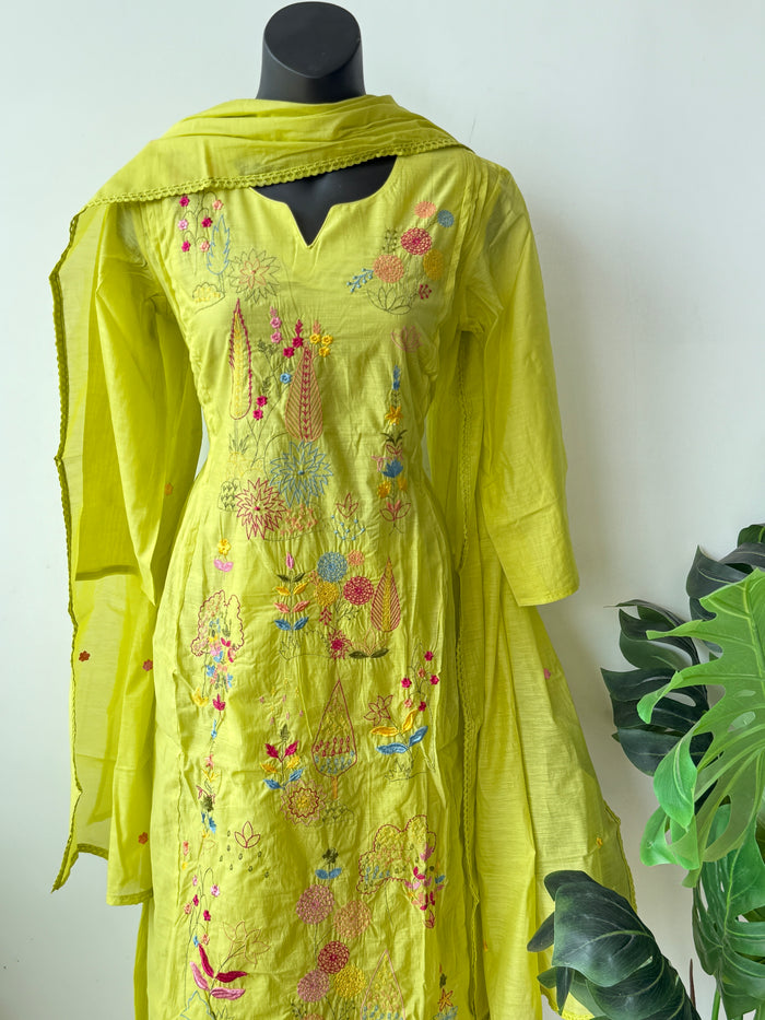 Green emb mul cotton Ready suit set