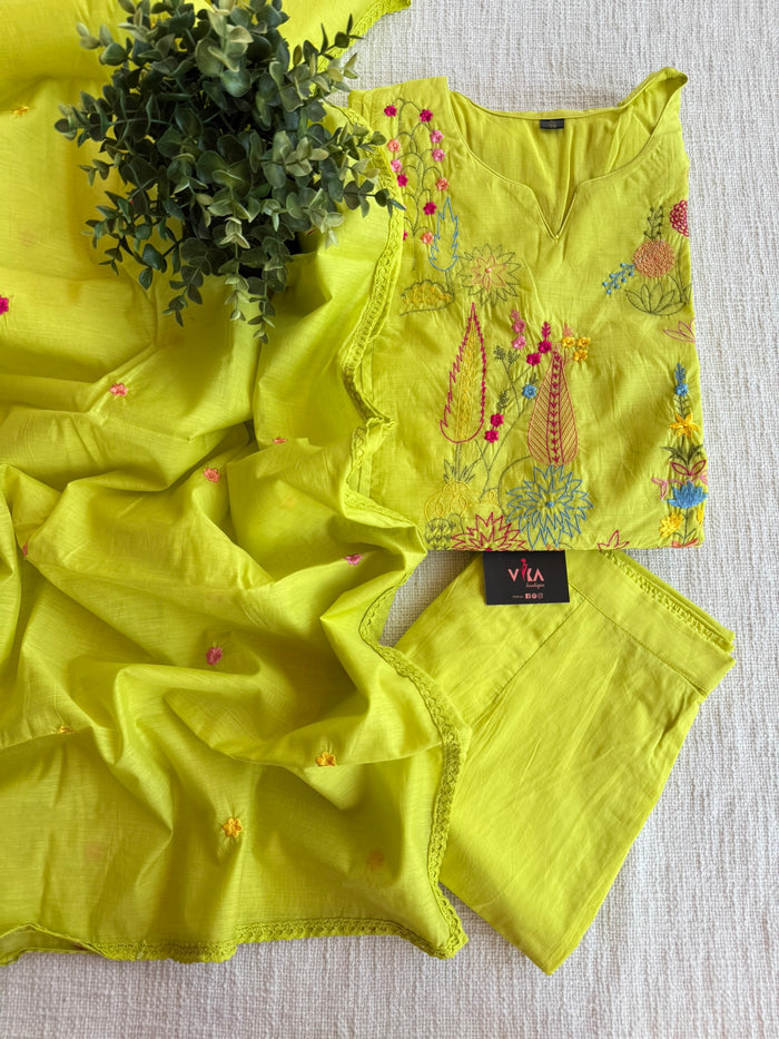 Green emb mul cotton Ready suit set