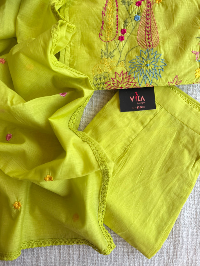 Green emb mul cotton Ready suit set