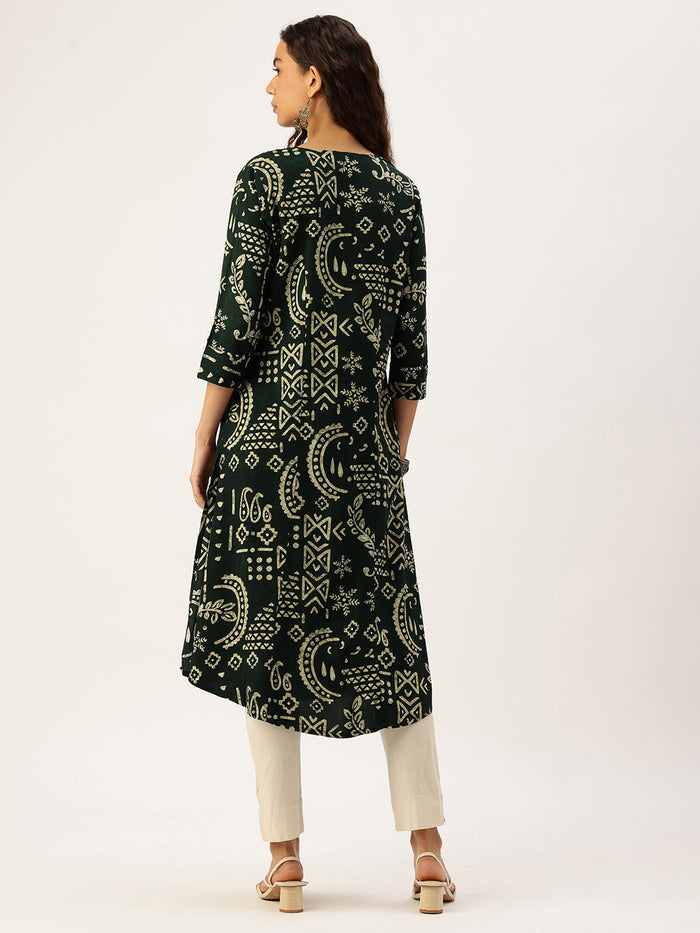 Green Ethnic Motifs Printed A-Line Kurta, Green Kurta, Kurtis, offer, a-line, a-line Kurta, printed kurta