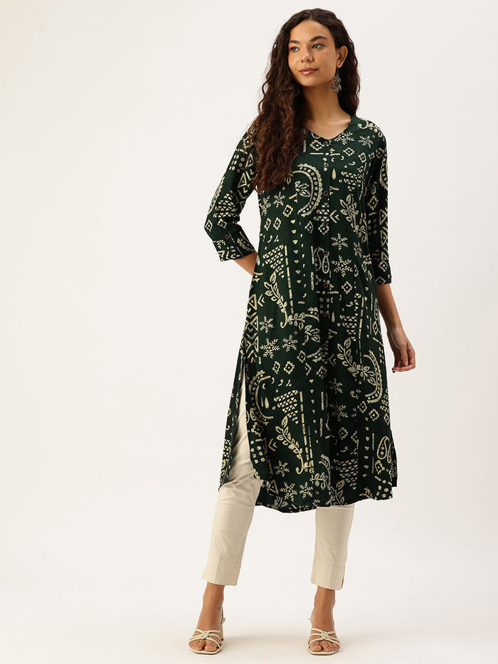 Green Ethnic Motifs Printed A-Line Kurta, Green Kurta, Kurtis, offer, a-line, a-line Kurta, printed kurta