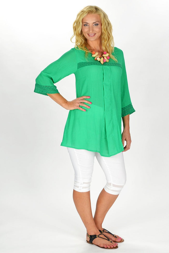 Green Goddess Tunic by David Jessie, flowing green tunic with relaxed fit and bohemian style, displayed on a mannequin.