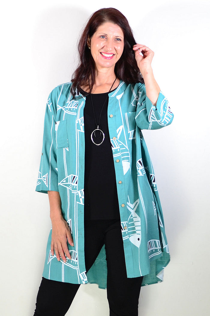 Green Ruby Rain hi-low relaxed tunic shirt with long sleeves and a flowy, casual fit, perfect for everyday wear.