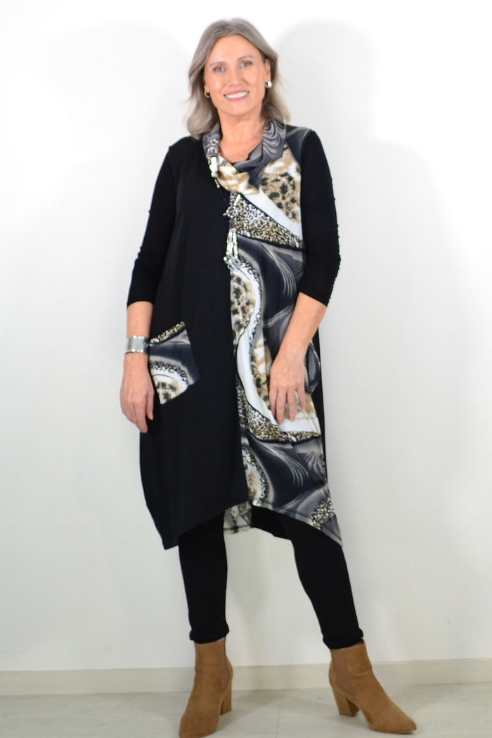 Grey leopard print sleeveless tunic dress by Whispers, featuring a relaxed fit and stylish pattern on lightweight fabric.