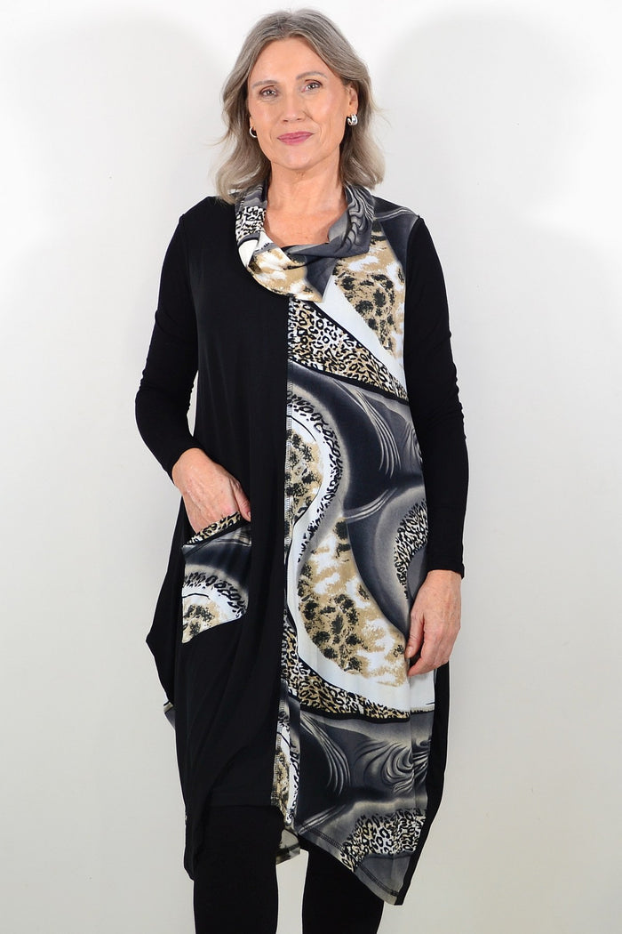 Grey leopard print sleeveless tunic dress by Whispers, featuring a relaxed fit and stylish animal pattern fabric.