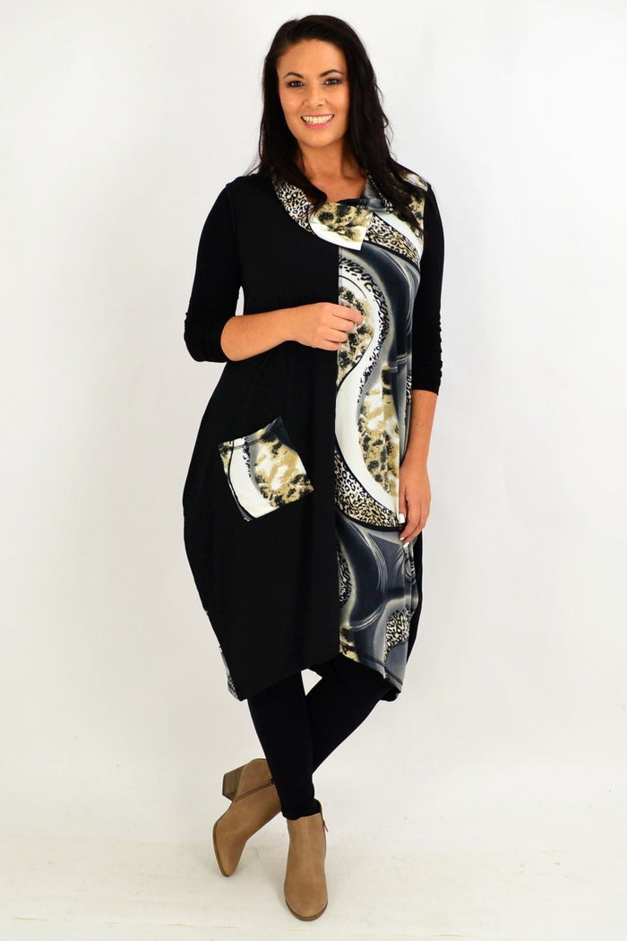 Grey leopard print sleeveless tunic dress by Whispers, featuring a relaxed fit and animal print pattern, ideal for casual wear.