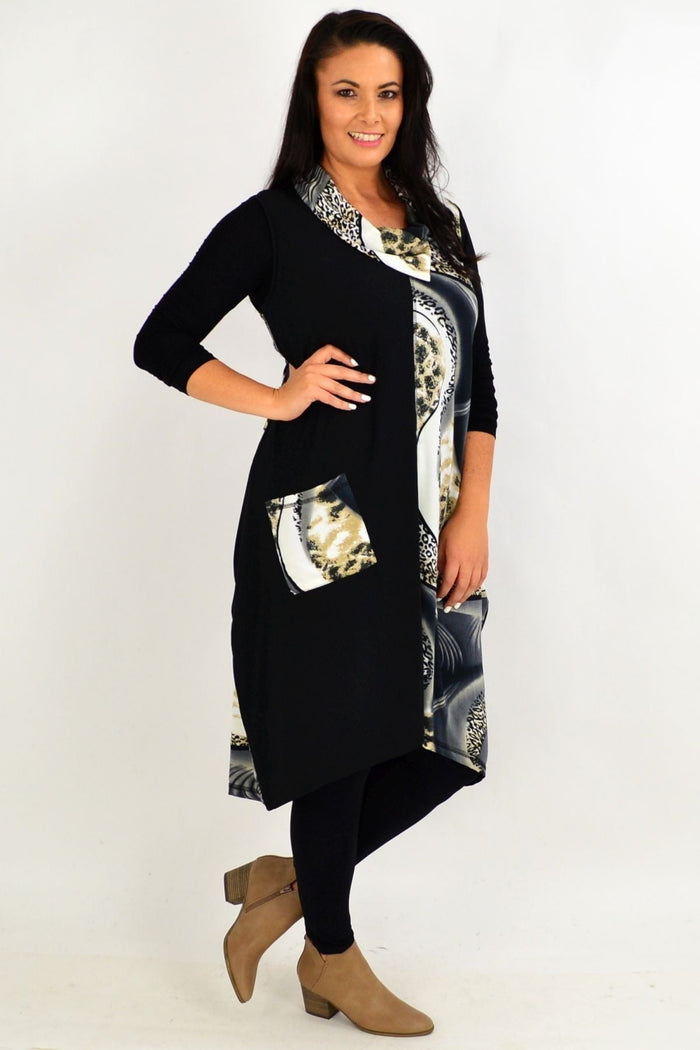 Grey leopard print sleeveless tunic dress by Whispers, showing a stylish animal print design and relaxed fit.