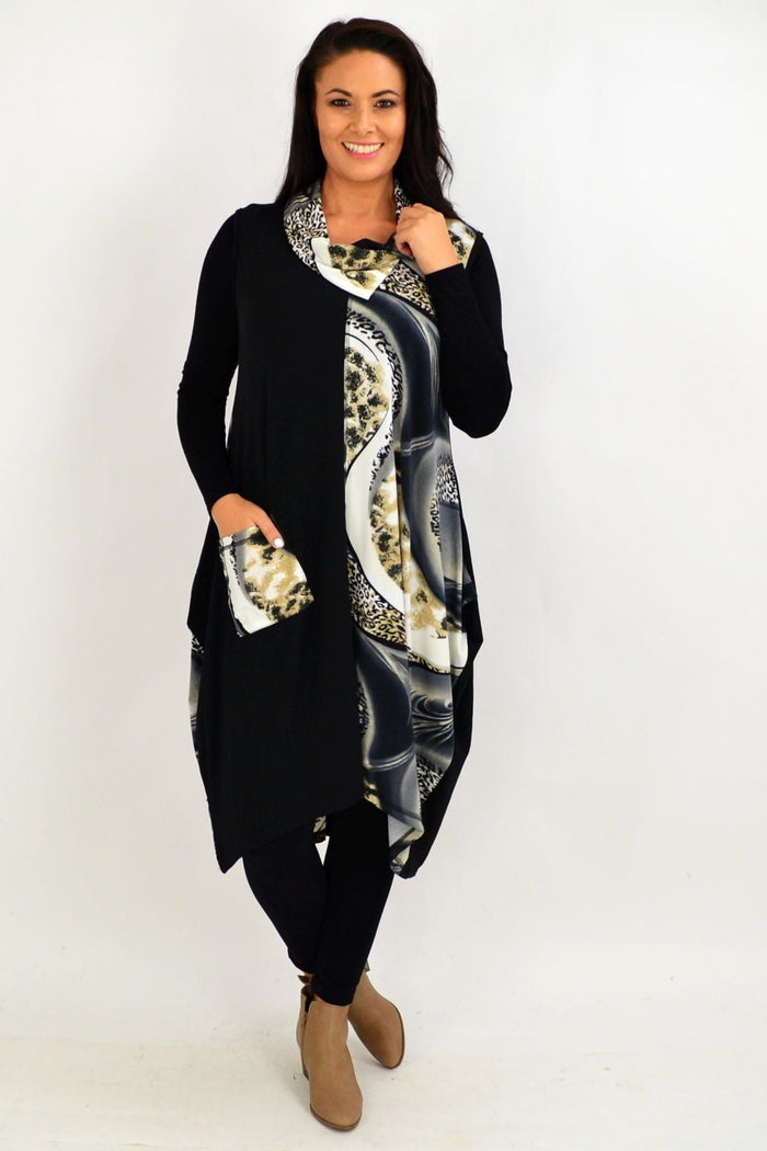 Grey leopard print sleeveless tunic dress by Whispers, featuring a relaxed fit and stylish animal print pattern.