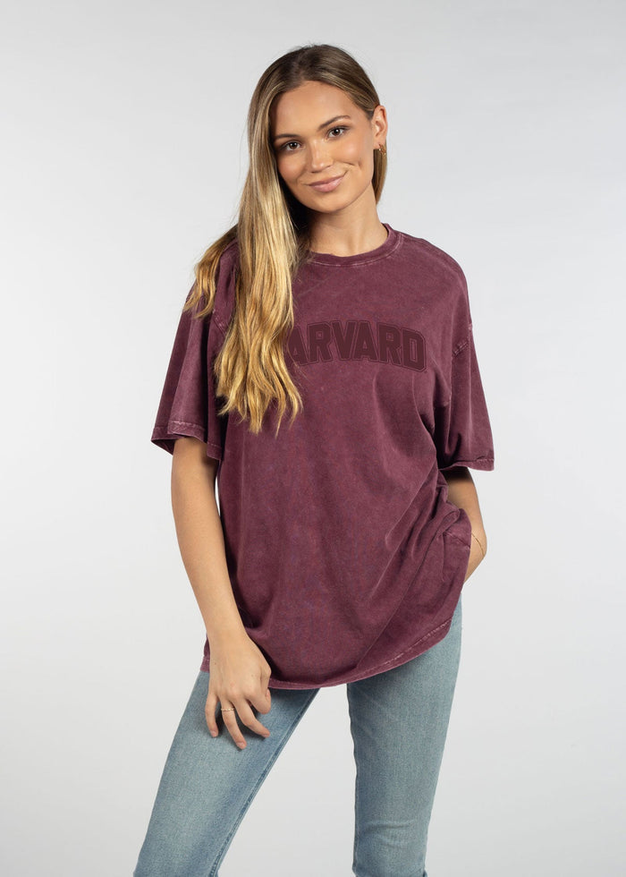Harvard Unisex Merlot Oversized Mineral wash T-Shirt with Lived-in feel and look, short sleeve, crew neck and drop shoulders