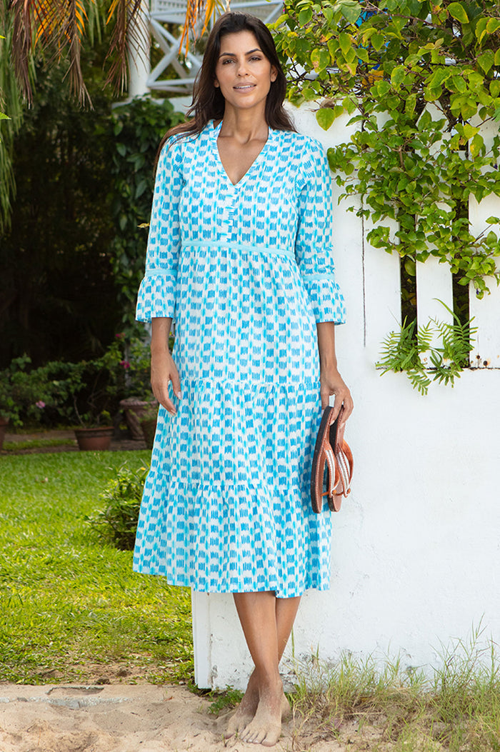 Hayden Organic Cotton Dress | Ikat white/turquoise - Aspiga