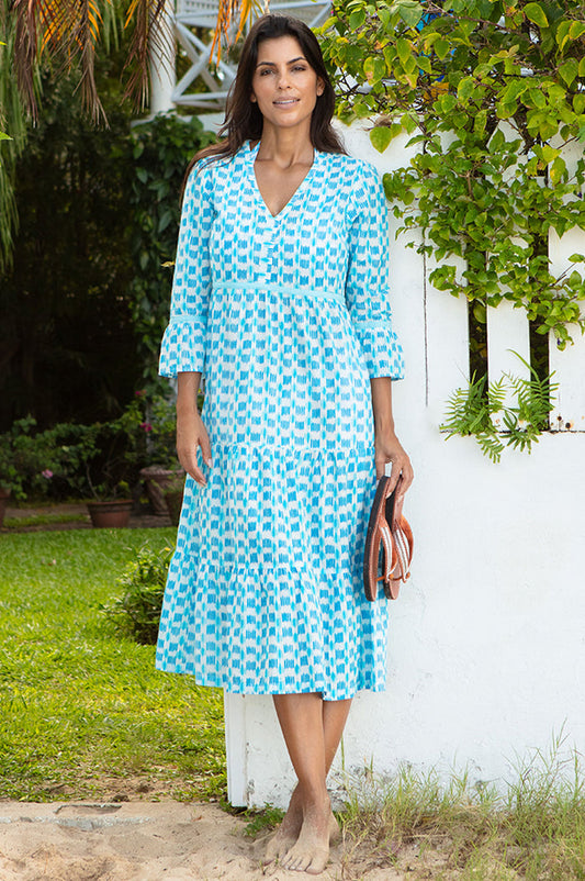 Hayden Organic Cotton Dress | Ikat white/turquoise - Aspiga