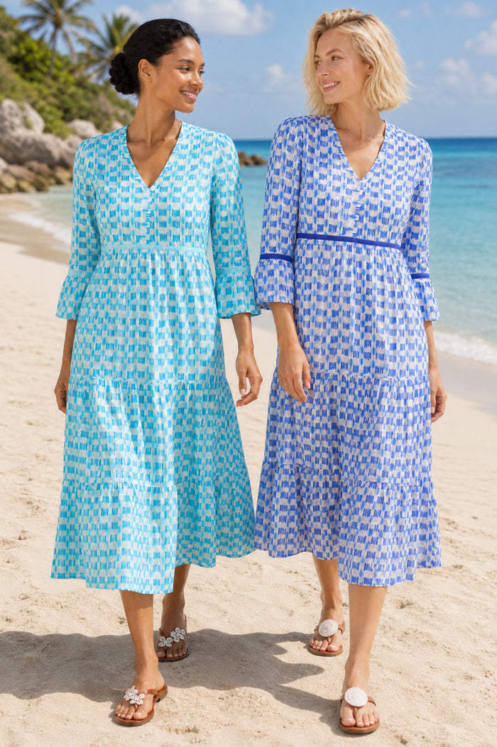 Hayden Organic Cotton Dress | Ikat White/Turquoise