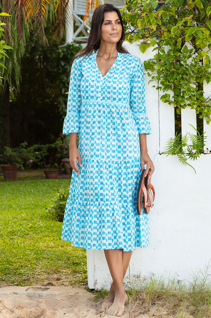 Hayden Organic Cotton Dress | Ikat white/turquoise - Aspiga