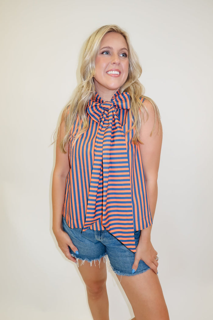 Headed Somewhere Striped Tie Neck Top - The Pink Tulip Clothing