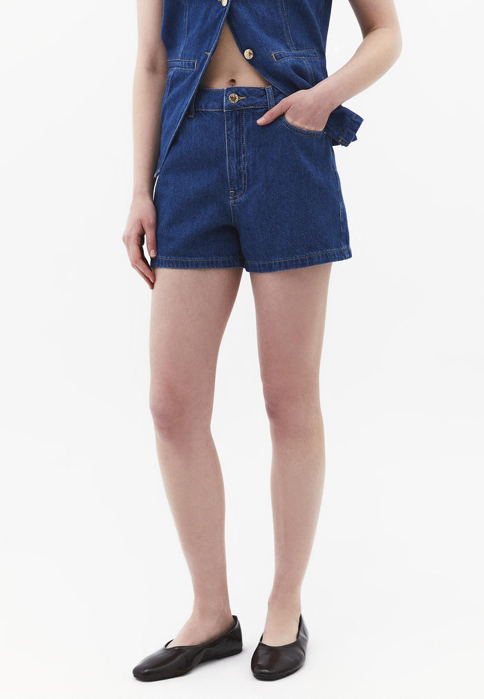 High Waist Five Pocket Shorts - MID BLUE DENIM