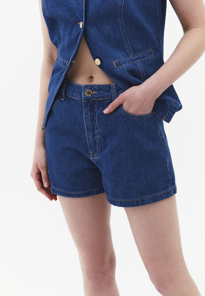 High Waist Five Pocket Shorts - MID BLUE DENIM