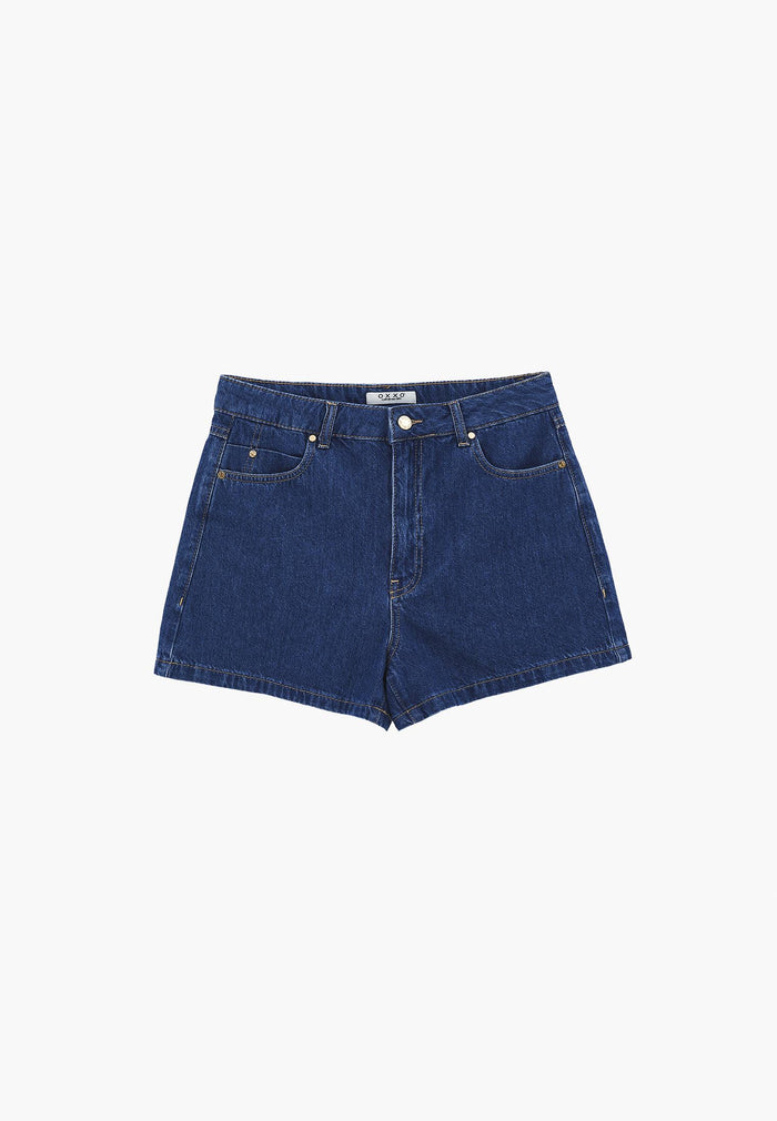 High Waist Five Pocket Shorts - MID BLUE DENIM
