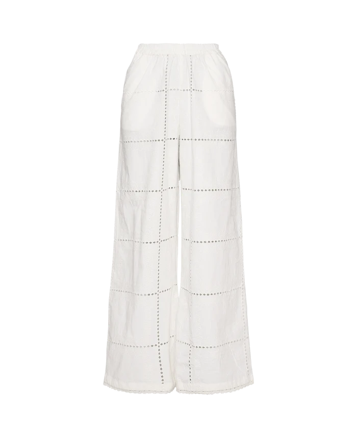 Front of white women's pants in broderie anglaise fabric with side pockets.