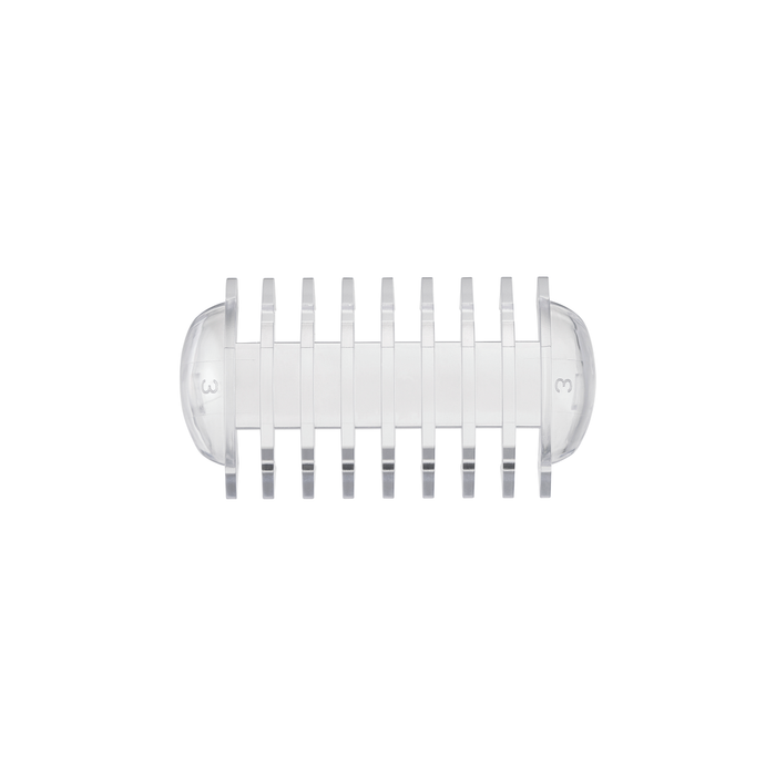 Clear plastic comb with metal teeth on a white background