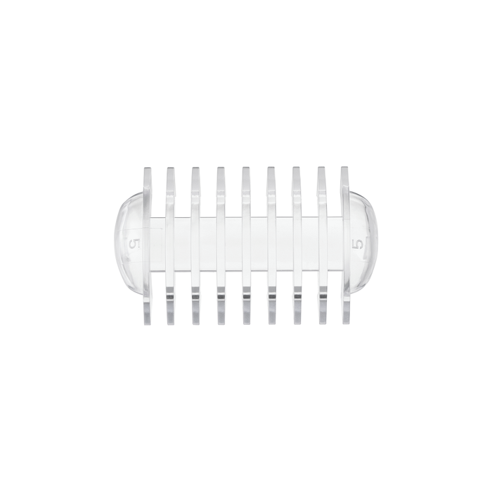 Clear plastic comb with metal teeth on a white background