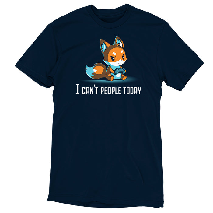 Premium Cotton T-shirt_TeeTurtle navy blue I Can't People Today featuring an annoyed fox holding a video game controller with the text "I can't people today" below.