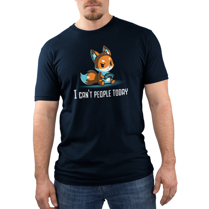 Premium Cotton T-shirt_TeeTurtle navy blue I Can't People Today featuring an annoyed fox holding a video game controller with the text "I can't people today" below.