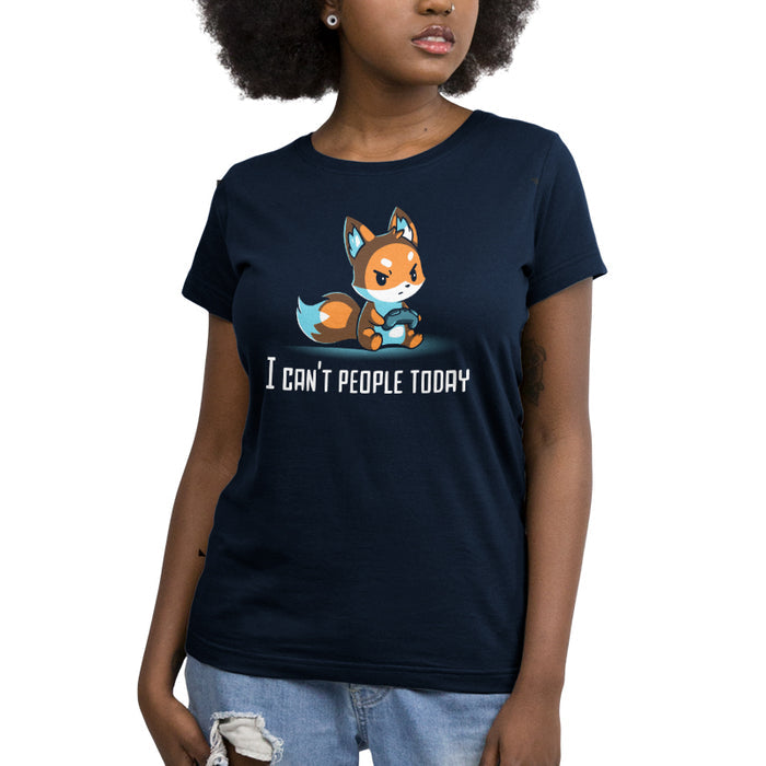 Premium Cotton T-shirt_TeeTurtle navy blue I Can't People Today featuring an annoyed fox holding a video game controller with the text "I can't people today" below.