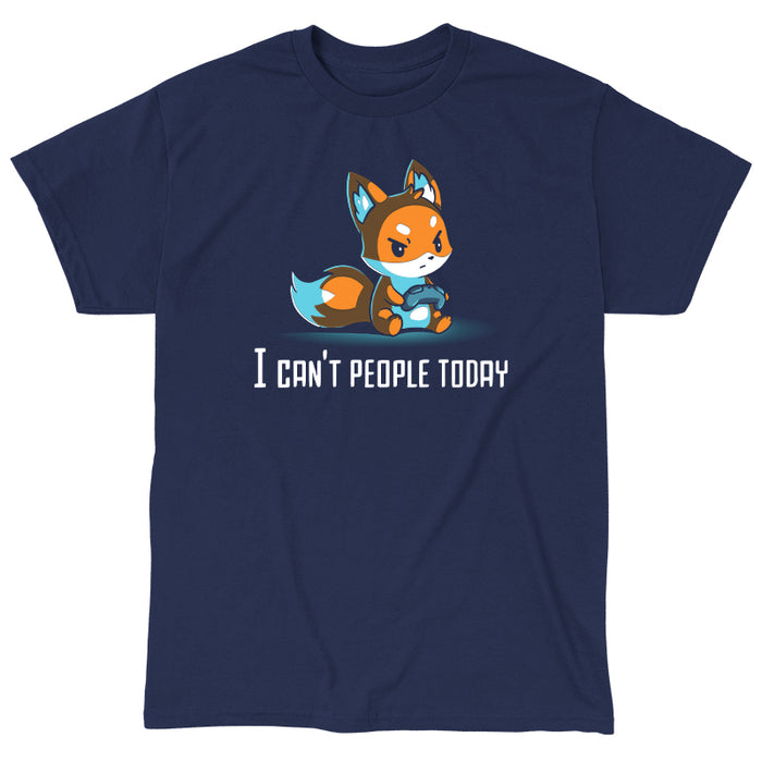 Classic Cotton T-shirt_TeeTurtle navy blue I Can't People Today featuring an annoyed fox holding a video game controller with the text "I can't people today" below.