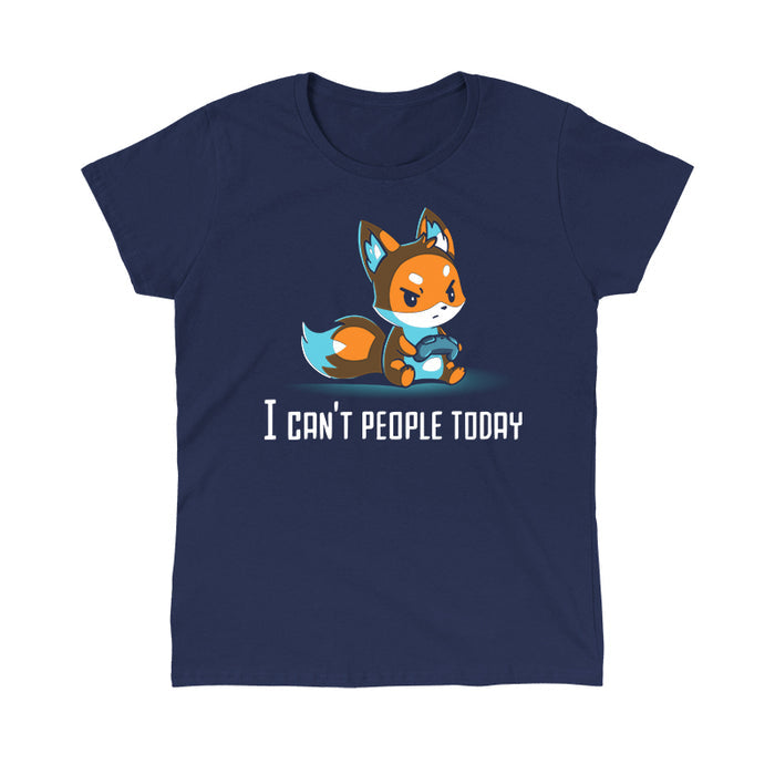 Classic Cotton T-shirt_TeeTurtle navy blue I Can't People Today featuring an annoyed fox holding a video game controller with the text "I can't people today" below.