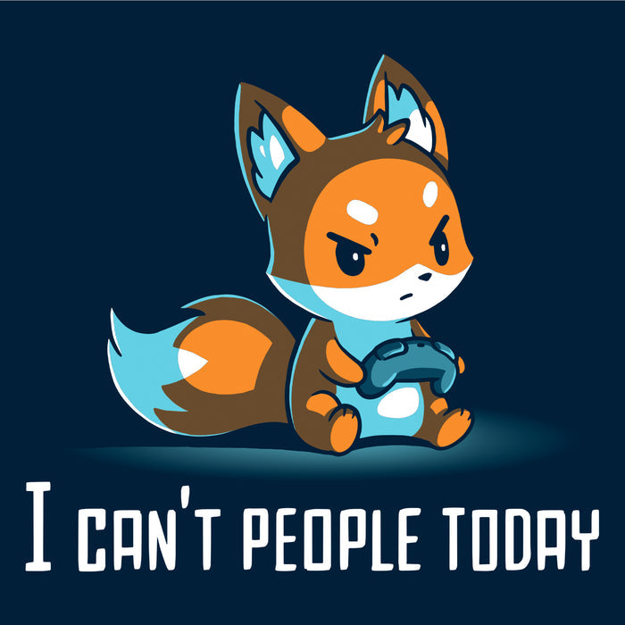 Long Sleeve T-shirt_TeeTurtle navy blue I Can't People Today featuring an annoyed fox holding a video game controller with the text "I can't people today" below.