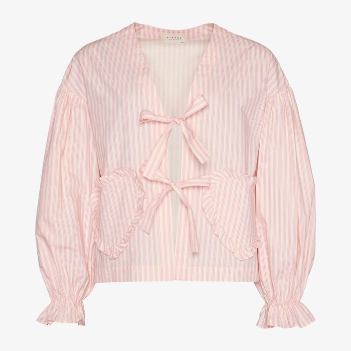 Pink stripe top with ties to close, long sleeves and heart pockets edged with ruffles.