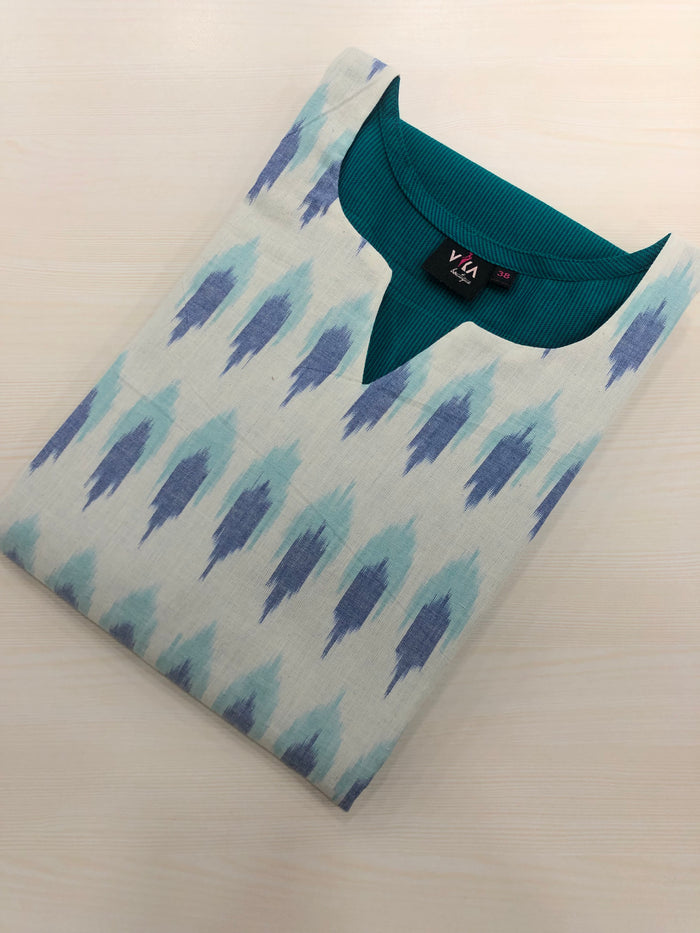 Ikat patch plain cotton kurti - Green stripes