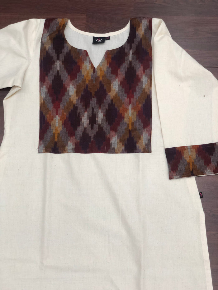 Ikat patch plain cotton kurti -white/brown
