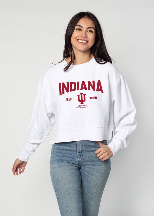 Indiana Hoosiers Women's White Relaxed Premium cotton corded fleece Sweatshirt with Super soft hand feel, vintage wash, side slits and ribbed crew neckline, cuffs, and hemline