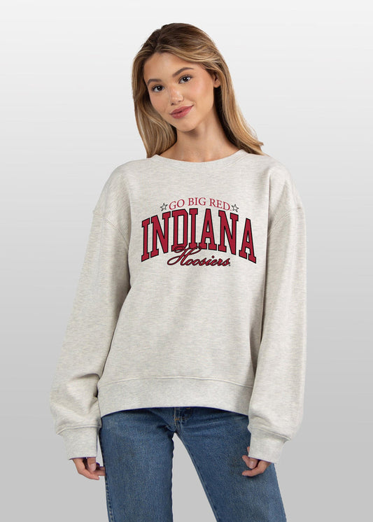Indiana Hoosiers Women's Ash-Grey Relaxed Heavyweight Fleece Sweatshirt with Dropped shoulders, crew neckline, back center seam and ribbed neckline, cuffs and hem