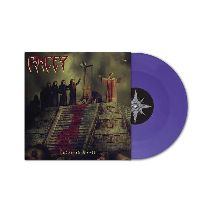 A limited purple vinyl by Cancer partially slides from an album cover depicting robed figures on a blood-stained pyramid and a red-robed figure near a guillotine. Inverted World appears at the bottom of this death metal release.