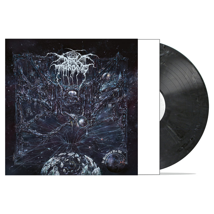 A limited edition grey marble vinyl by Darkthrone is partly slid from its sleeve, which displays dark abstract cosmic artwork and a distorted white Darkthrone logo. The black and gray marbled pattern reflects the bands epic metal aesthetic.