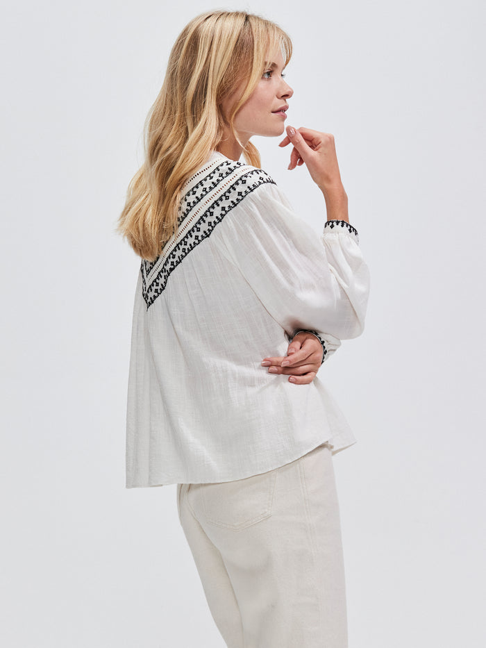 Ivory Embroidered Collarless Blouse