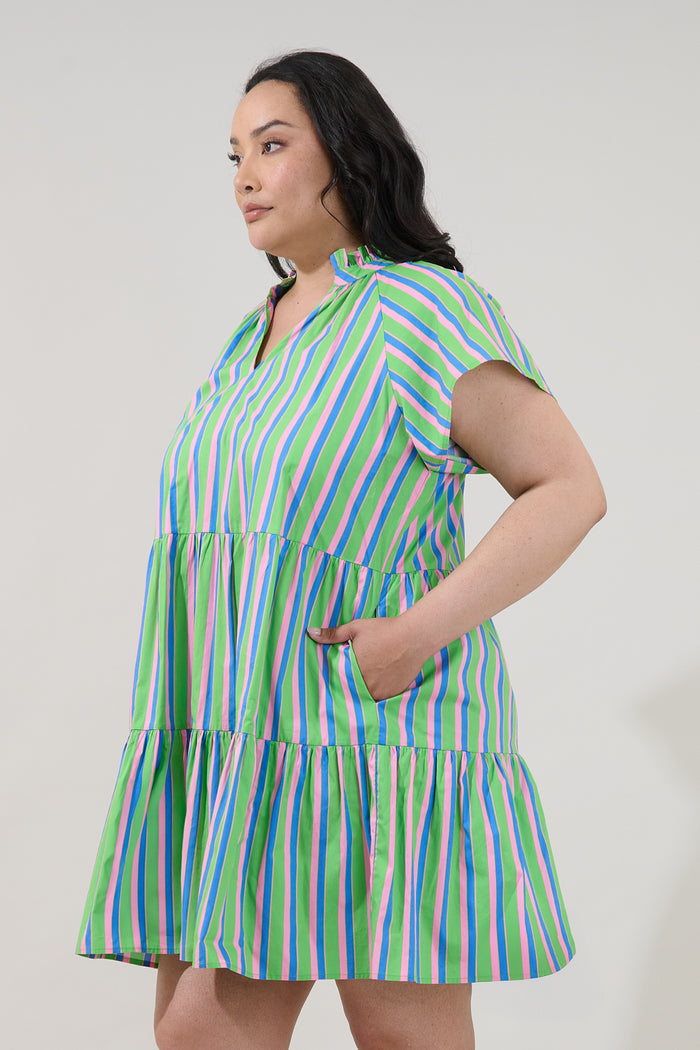 Janelly Poplin Tiered Mini Dress Stripe Curve
