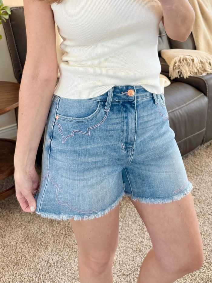 Judy Blue High Waist Western Pink Embroidery Detail Cutoff Denim Shorts