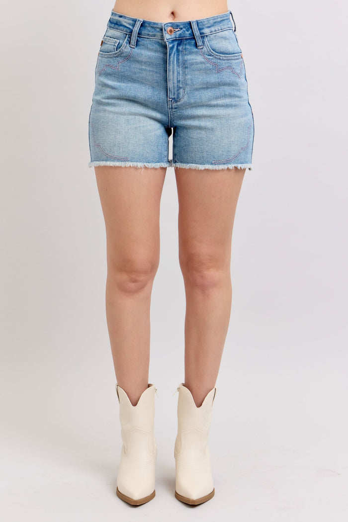 Judy Blue High Waist Western Pink Embroidery Detail Cutoff Denim Shorts