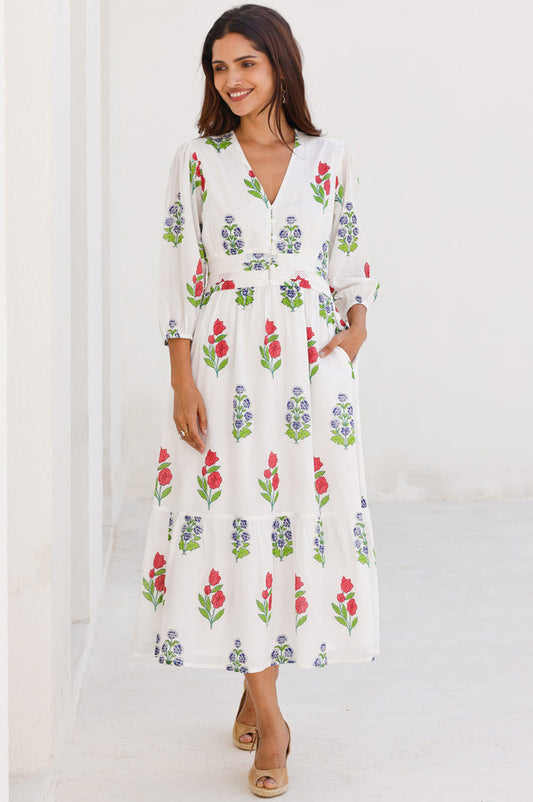 Jyoti Organic Cotton Dress | White/Red - Aspiga
