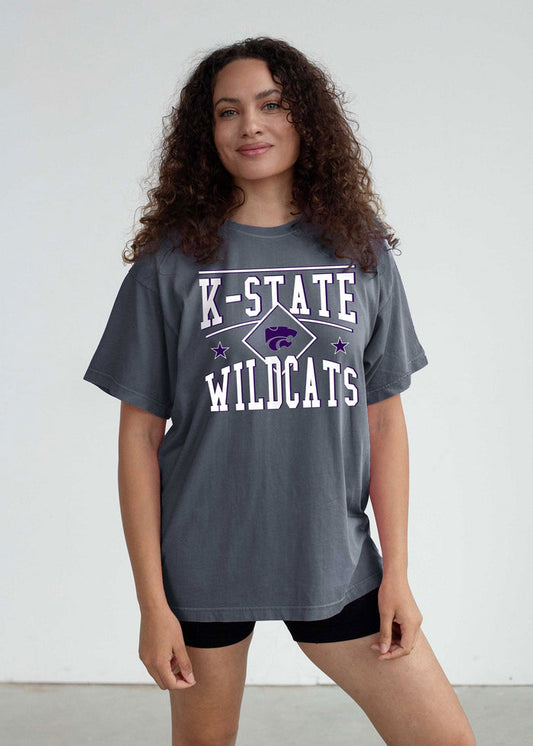 Kansas State Wildcats Women's Smoke Oversized Salt wash cotton T-Shirt with short sleeves, worn out look, crew neck and drop shoulders