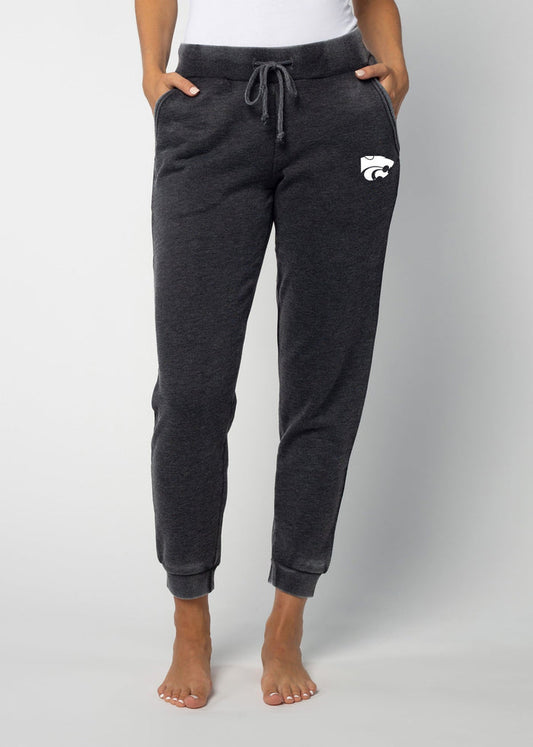 Kansas State Wildcats Women's Charcoal Mid-rise, slim fit, tapered leg Burnout fleece Joggers with Drawstring waistband, side pockets and tapered legs with rub cuffs