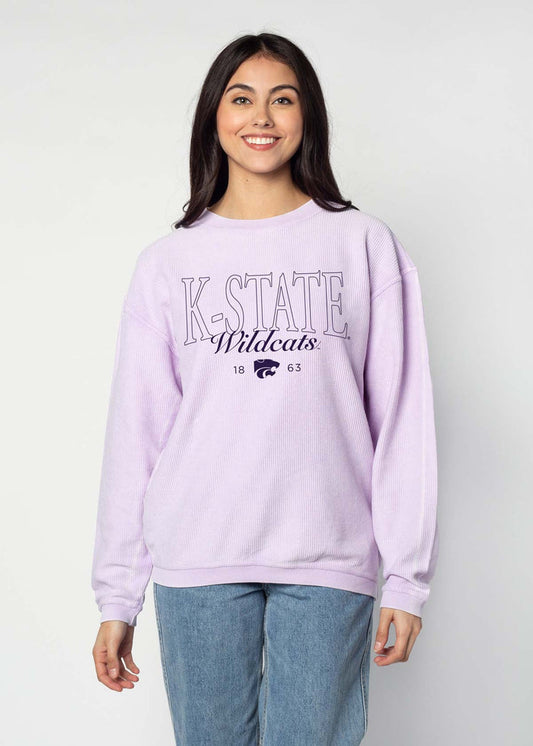 Kansas State Wildcats Unisex Lilac-Purple Oversized Premium cotton corded fleece Sweatshirt with Super soft hand feel, vintage wash and ribbed crew neckline, cuffs, and hemline