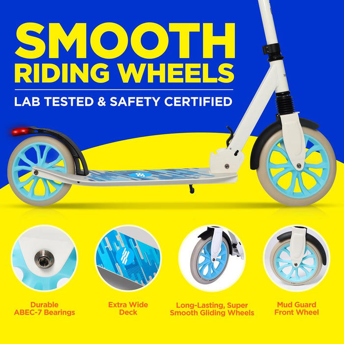 Kick Scooter for Adults & Teens - Foldable, Adjustable Alloy Deck, White
