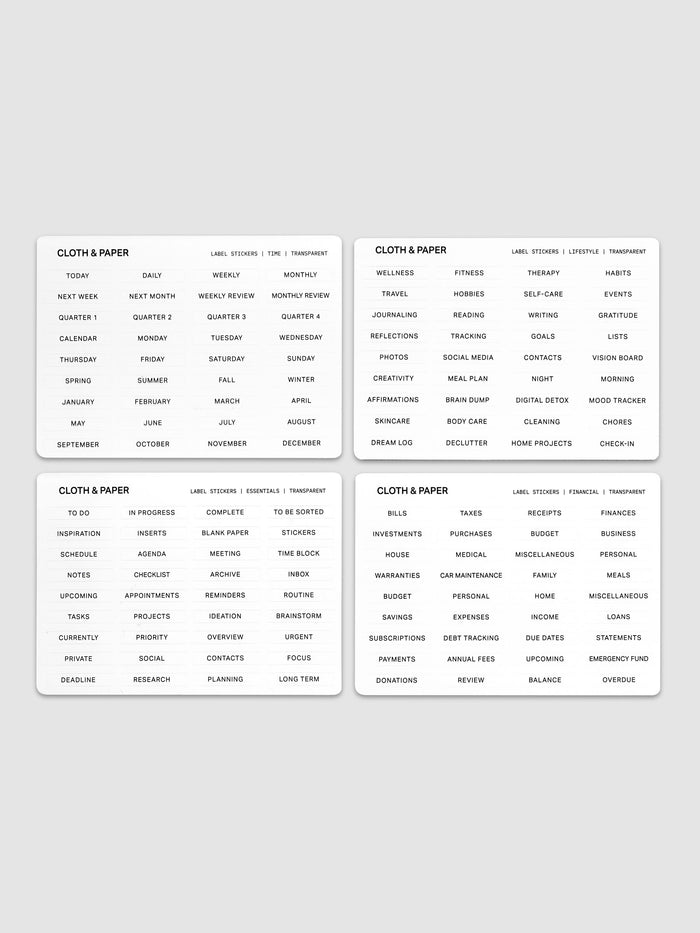 Four unique sheets of transparent label stickers with black text on the topics of lifestyle, financial, essentials, and time.