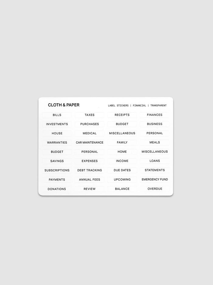 One sheet of transparent label stickers with black printed text on the theme of finances.
